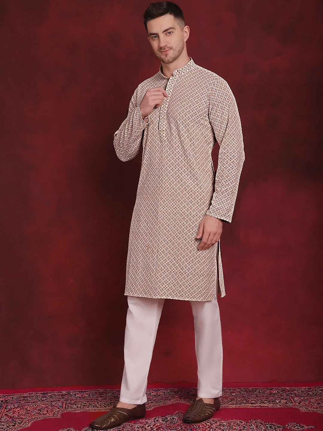 Men'S Sequin Embroidered Pure Cotton Kurta With Pyjamas