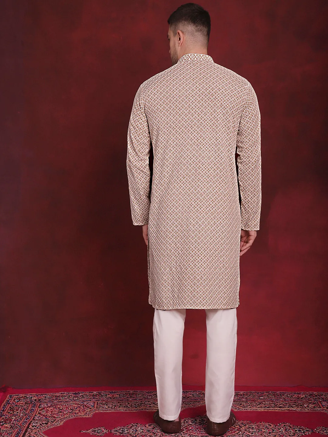 Men'S Sequin Embroidered Pure Cotton Kurta With Pyjamas