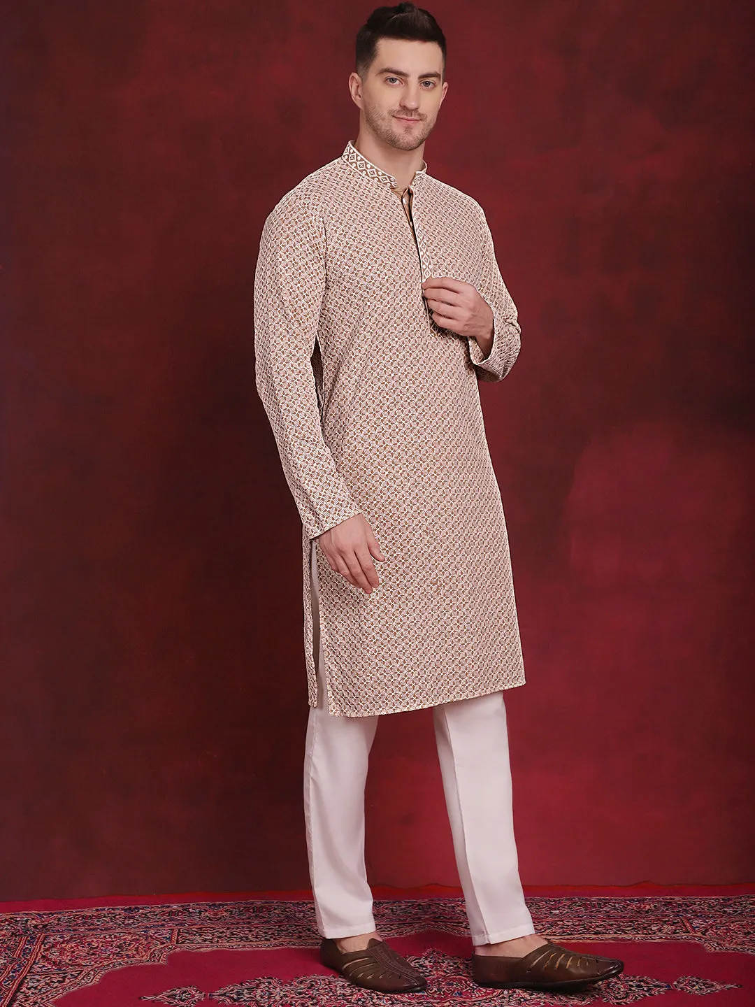 Men'S Sequin Embroidered Pure Cotton Kurta With Pyjamas
