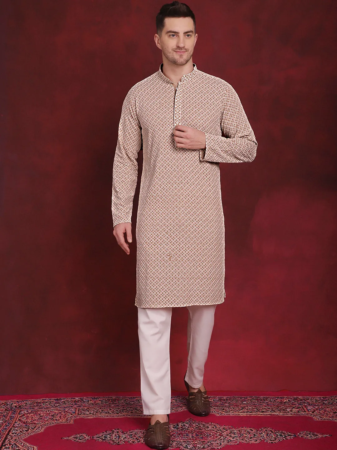 Men'S Sequin Embroidered Pure Cotton Kurta With Pyjamas