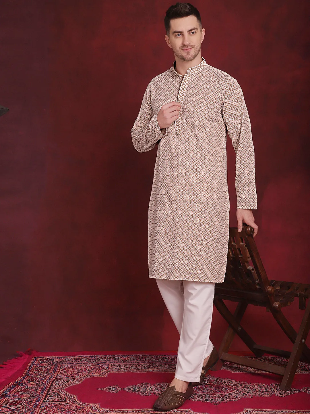 Men'S Sequin Embroidered Pure Cotton Kurta With Pyjamas