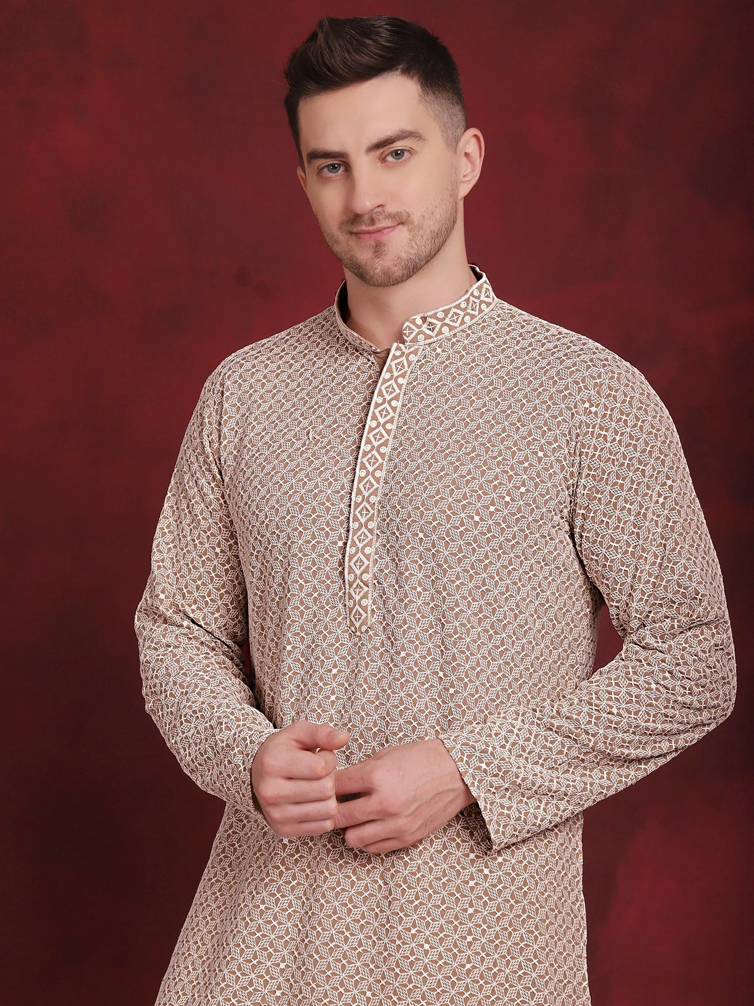 Men'S Sequin Embroidered Pure Cotton Kurta With Pyjamas