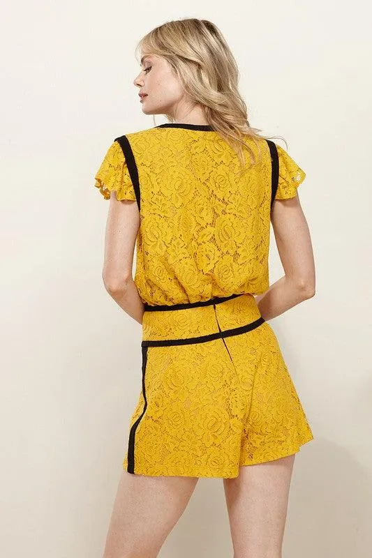 Mustard Floral Lace Shorts In Xs-Xl