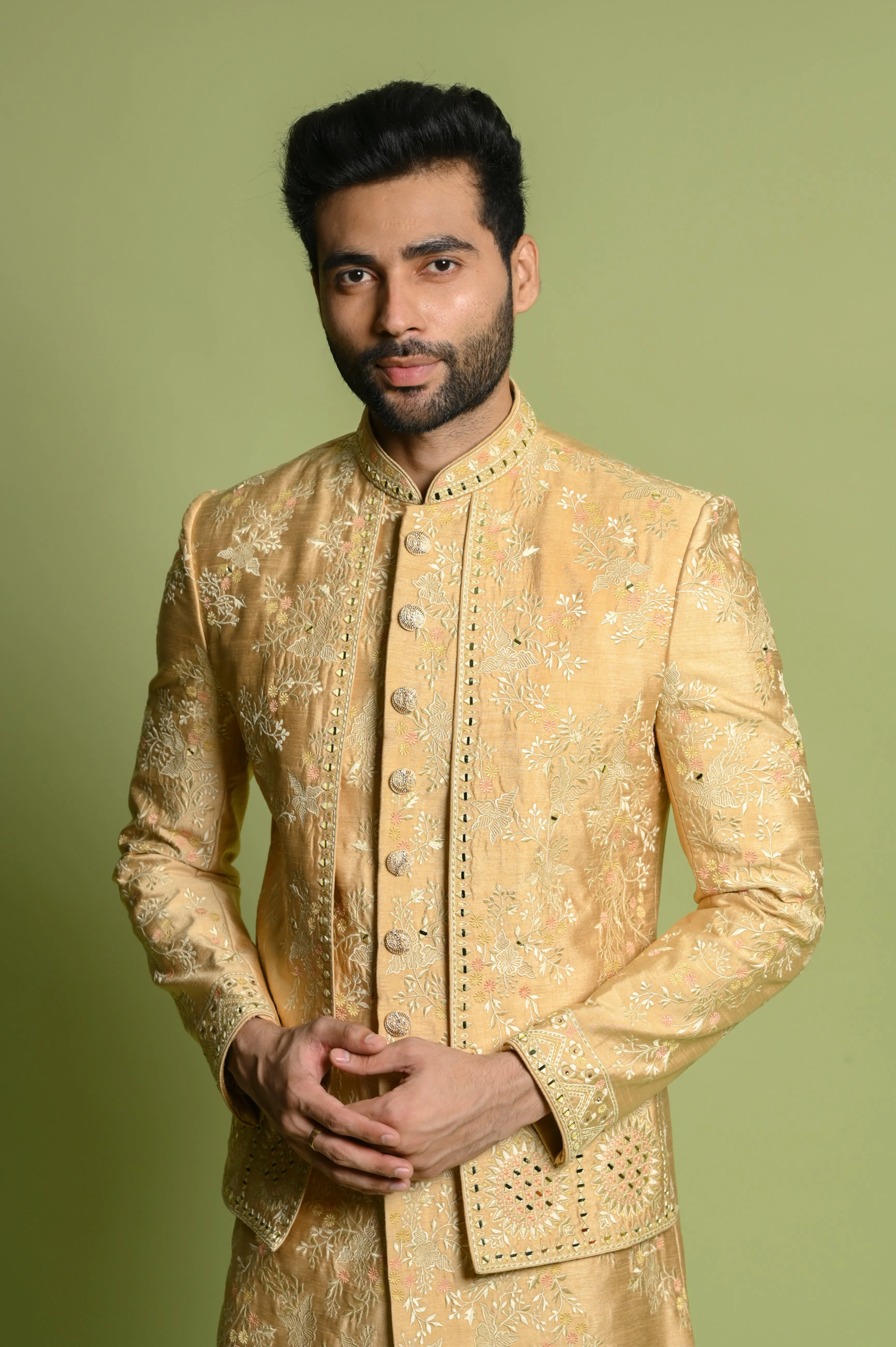 Orange Dupyon SIlk Sherwani with Mirror Work