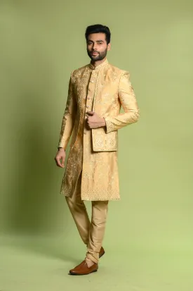 Orange Dupyon SIlk Sherwani with Mirror Work