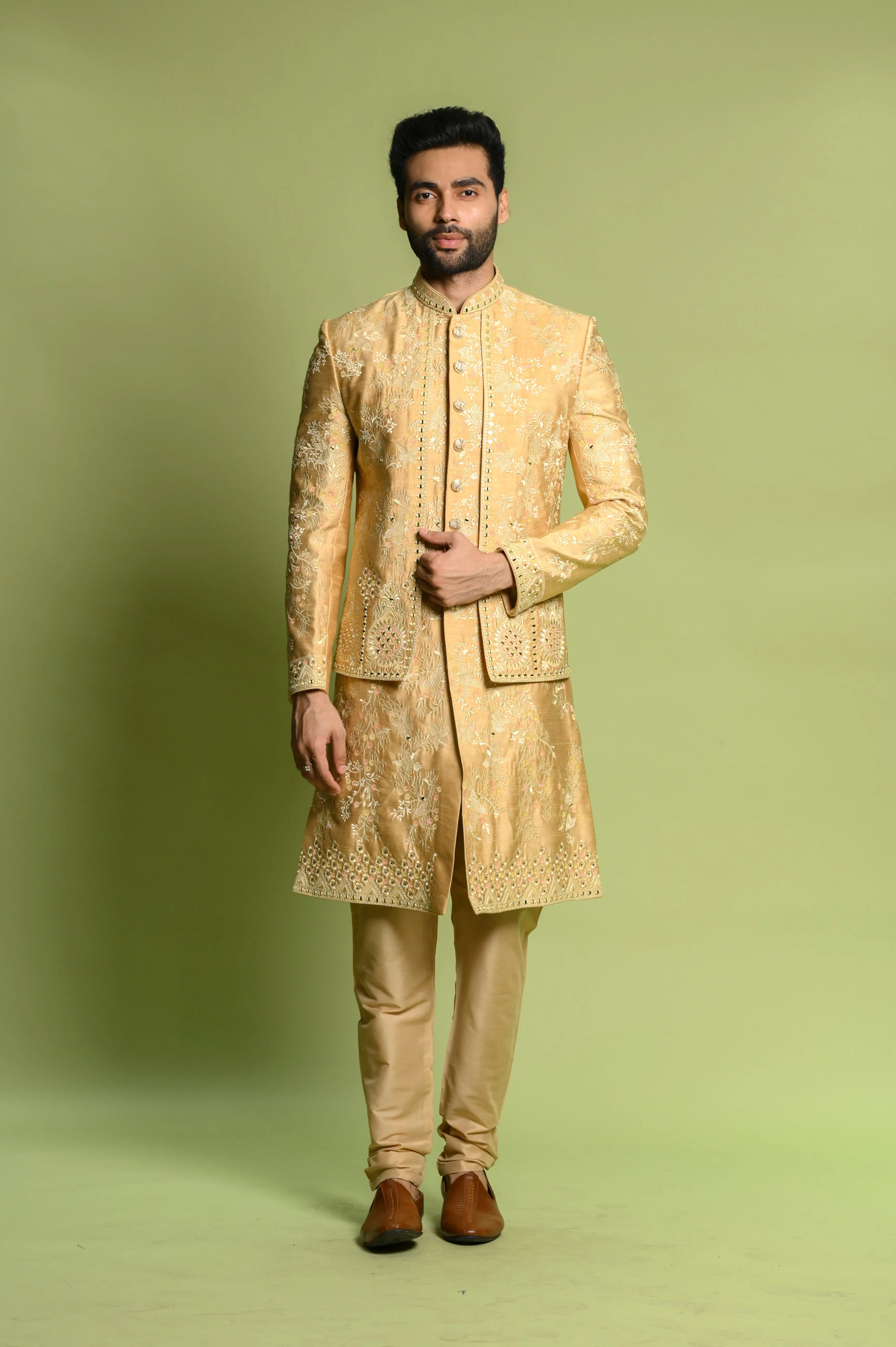 Orange Dupyon SIlk Sherwani with Mirror Work
