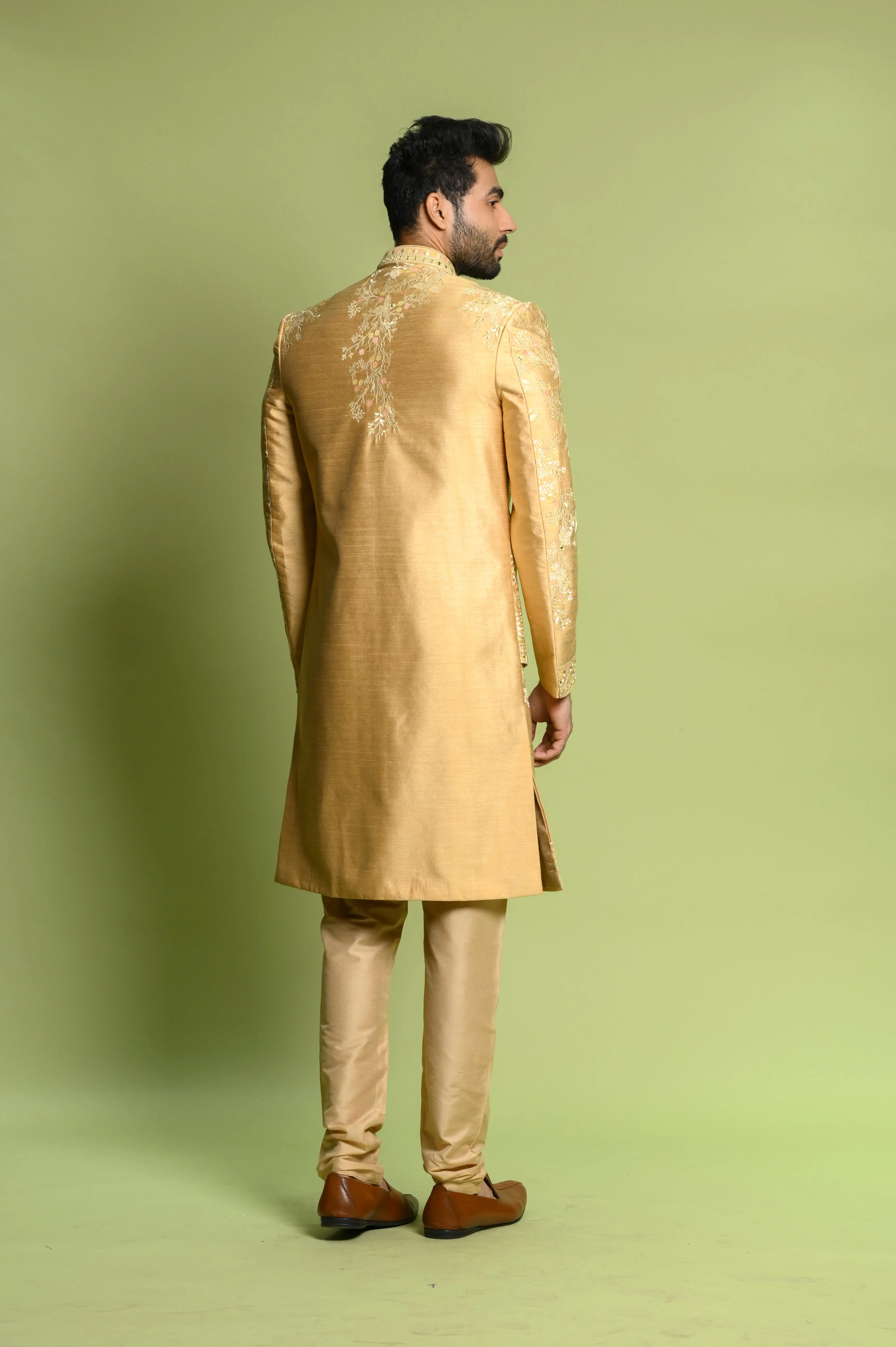 Orange Dupyon SIlk Sherwani with Mirror Work