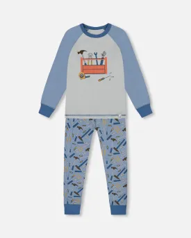 Organic Cotton Long Sleeve Top And Pants Two-Piece Pajama Set Tools On Bluish Gray Background