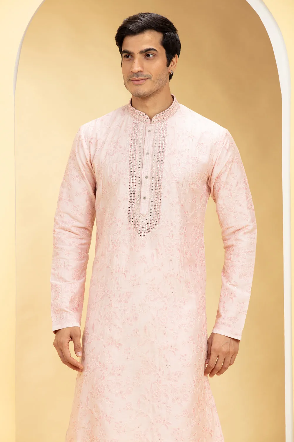 Pastel Pink Kurta Pajama Set With Thread Embroidery