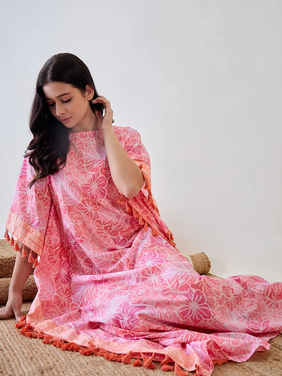 Pink Abstract Floral Orange Tasseled Cotton Kaftan Nightdress