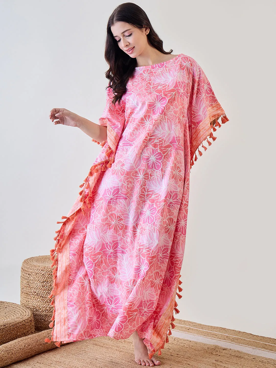 Pink Abstract Floral Orange Tasseled Cotton Kaftan Nightdress
