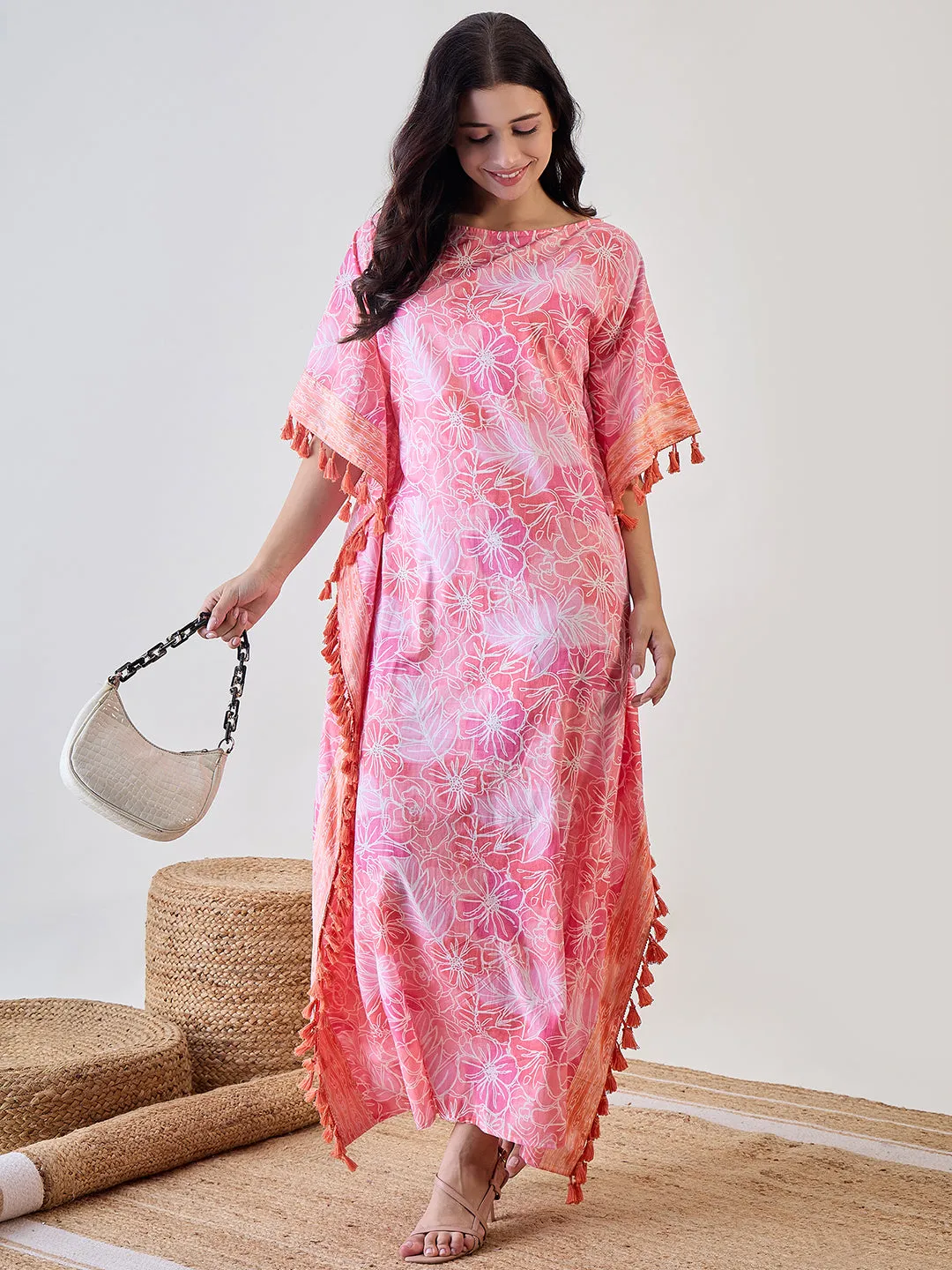 Pink Abstract Floral Orange Tasseled Cotton Kaftan Nightdress