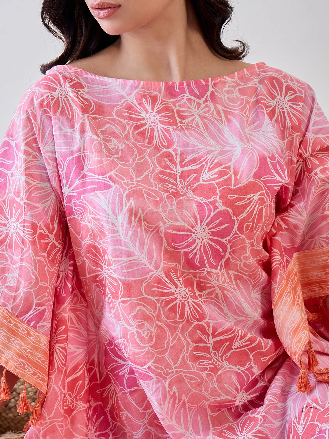 Pink Abstract Floral Orange Tasseled Cotton Kaftan Nightdress