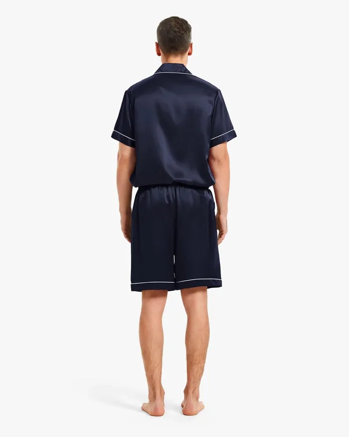 Piped Silk Short Pajamas Navy Blue