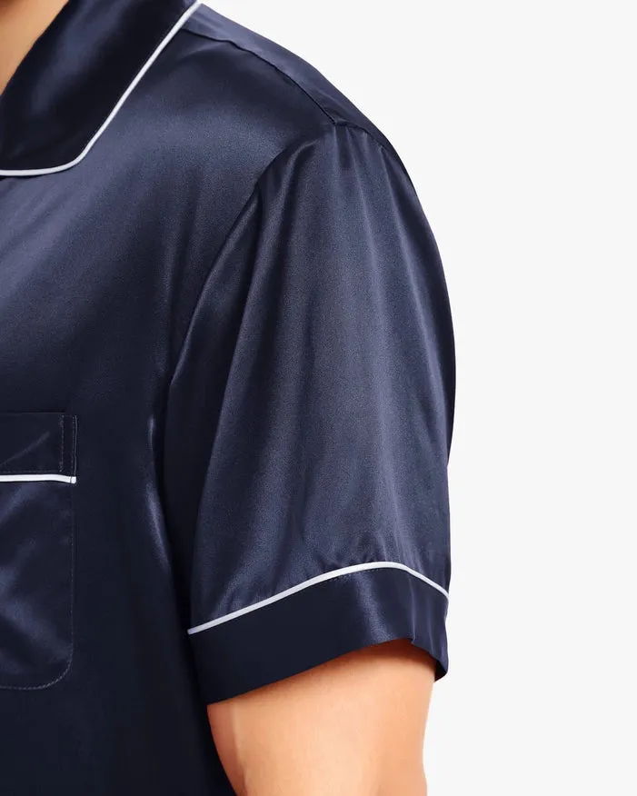 Piped Silk Short Pajamas Navy Blue