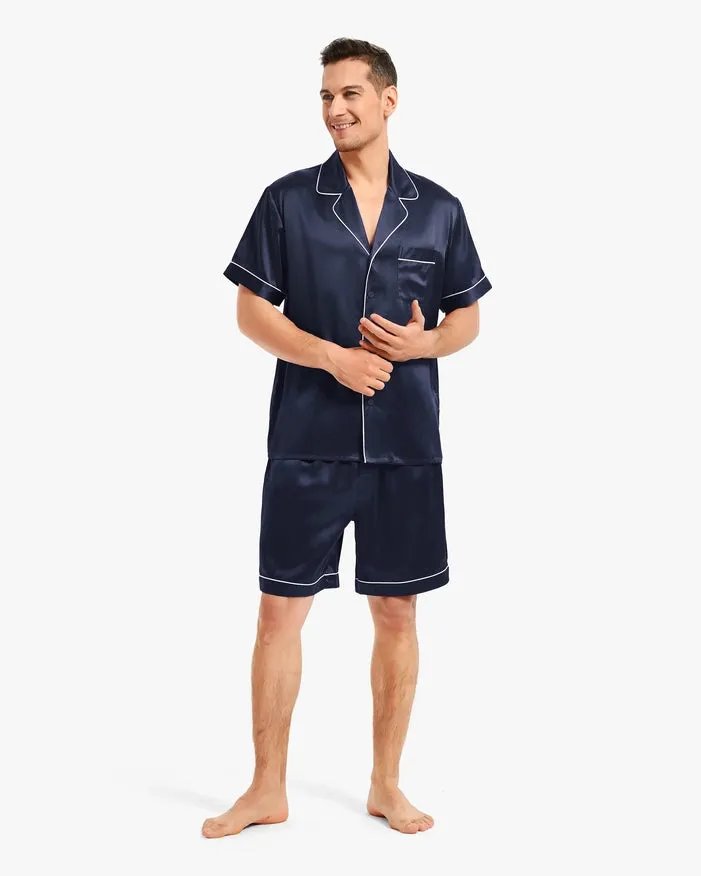 Piped Silk Short Pajamas Navy Blue