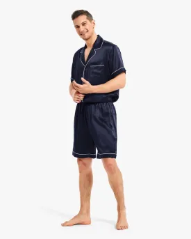 Piped Silk Short Pajamas Navy Blue
