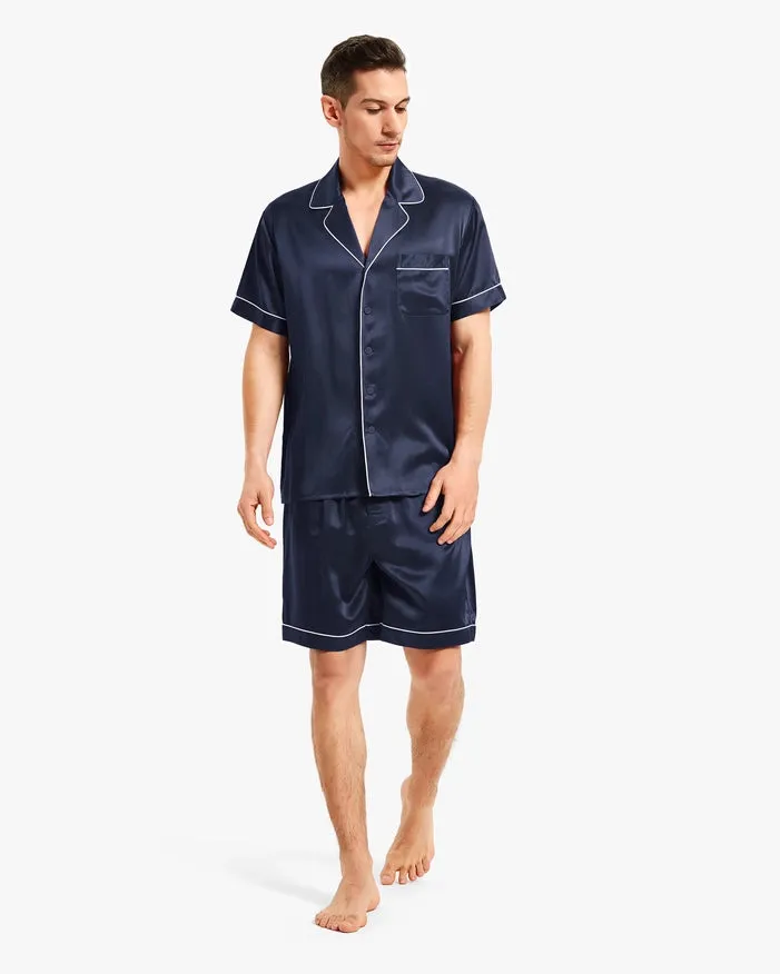 Piped Silk Short Pajamas Navy Blue