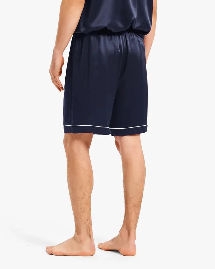 Piped Silk Short Pajamas Navy Blue