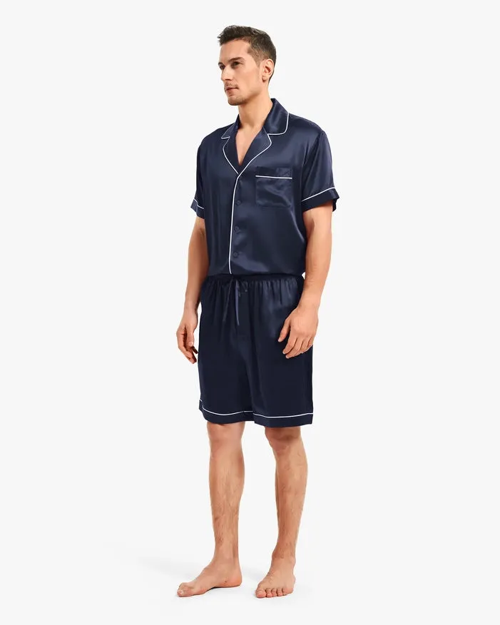 Piped Silk Short Pajamas Navy Blue
