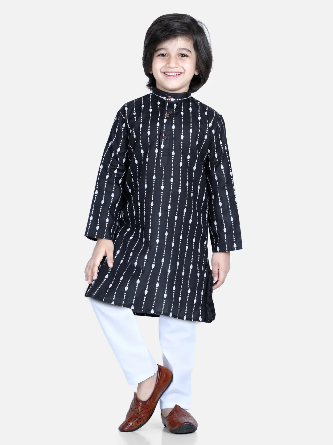 Printed Full Sleeve Cotton Kurta Pajama For Boys- Black