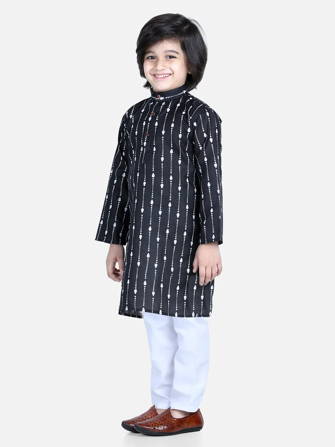 Printed Full Sleeve Cotton Kurta Pajama For Boys- Black