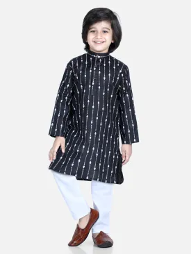Printed Full Sleeve Cotton Kurta Pajama For Boys- Black