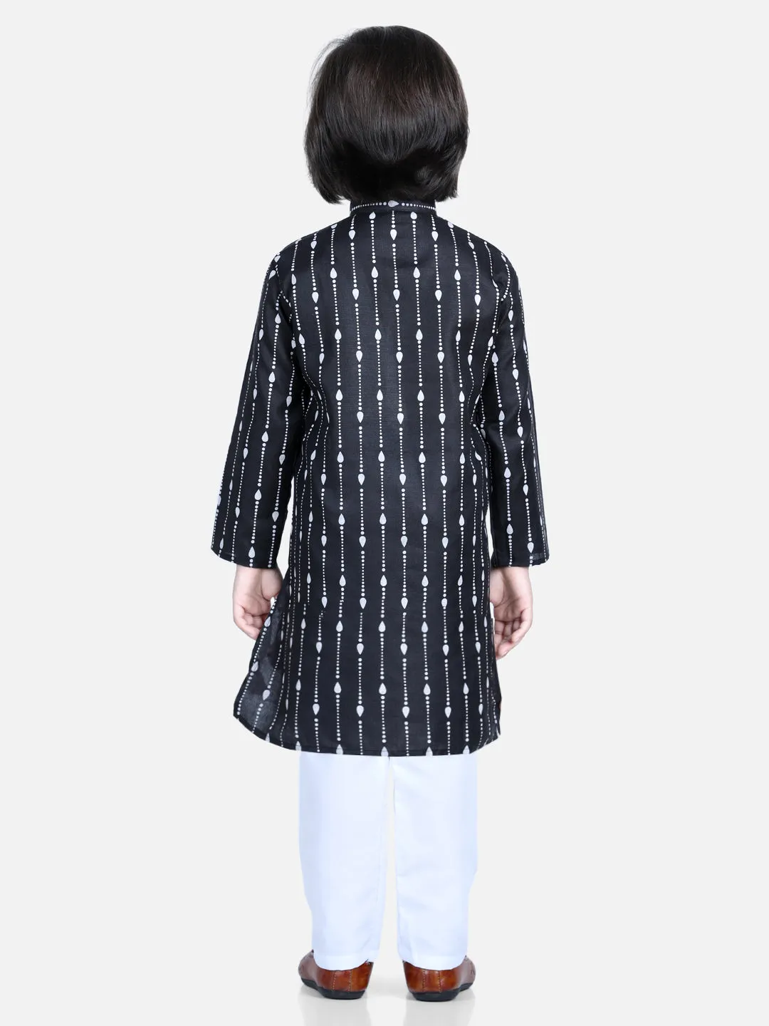 Printed Full Sleeve Cotton Kurta Pajama For Boys- Black