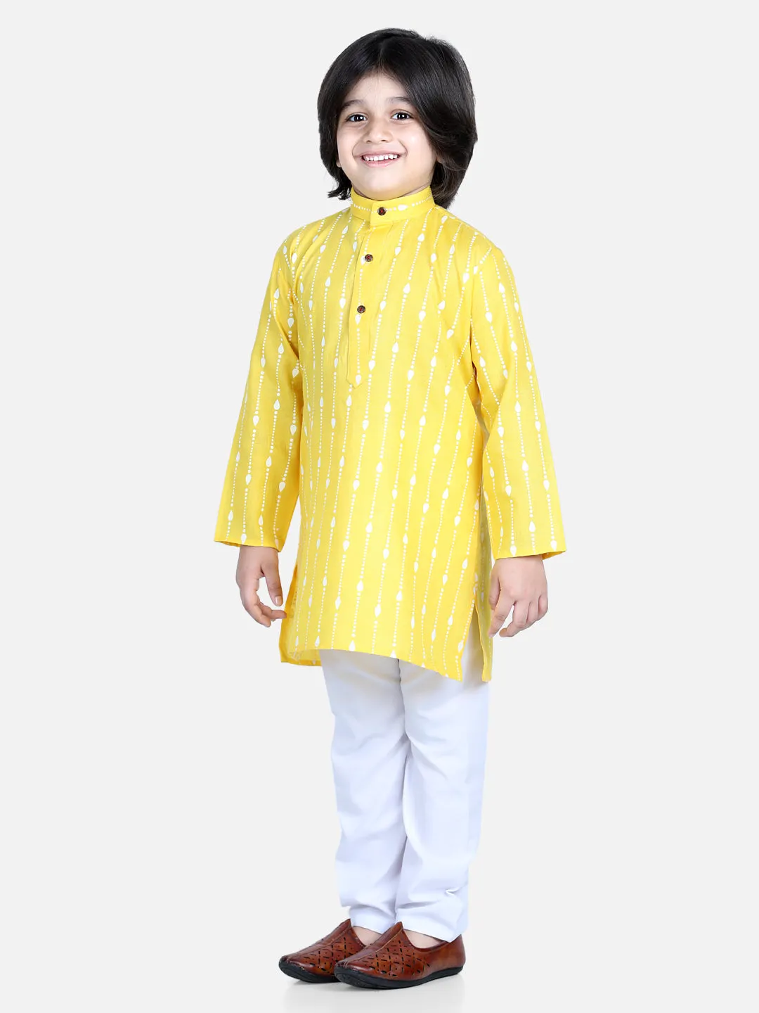 Printed Full Sleeve Cotton Kurta Pajama For Boys- Yellow