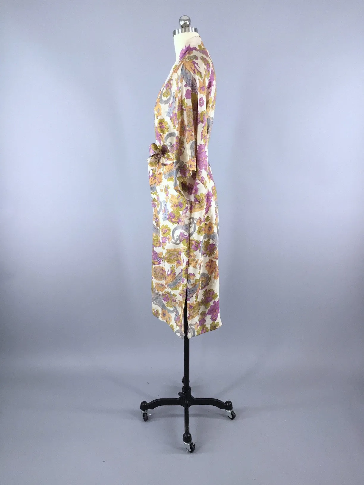 Raw Silk Sari Robe / Vintage Indian Sari / Ecru Purple Floral