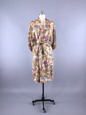 Raw Silk Sari Robe / Vintage Indian Sari / Ecru Purple Floral