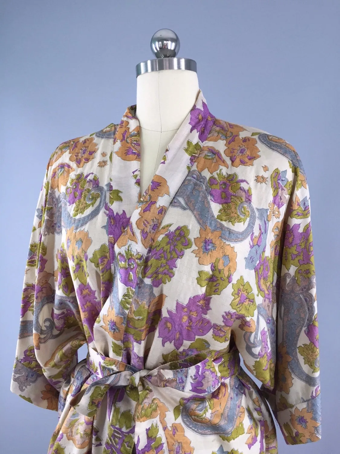 Raw Silk Sari Robe / Vintage Indian Sari / Ecru Purple Floral