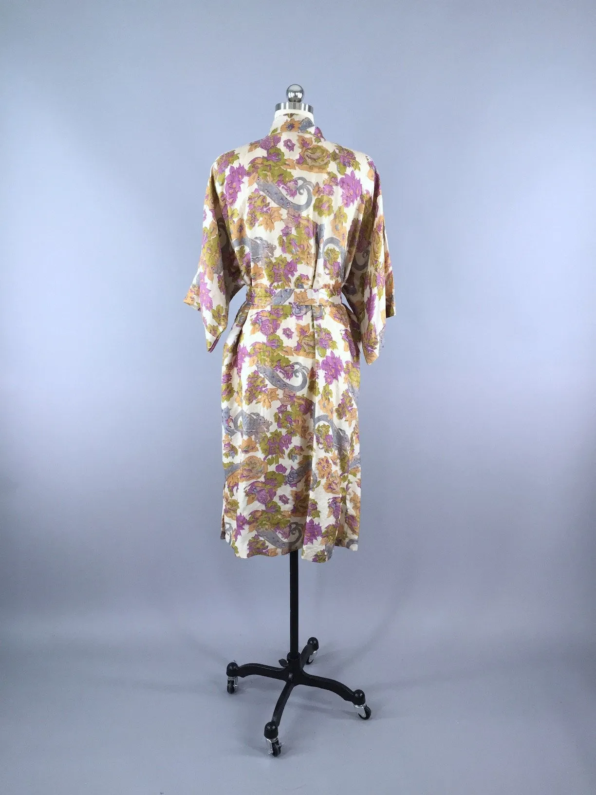 Raw Silk Sari Robe / Vintage Indian Sari / Ecru Purple Floral
