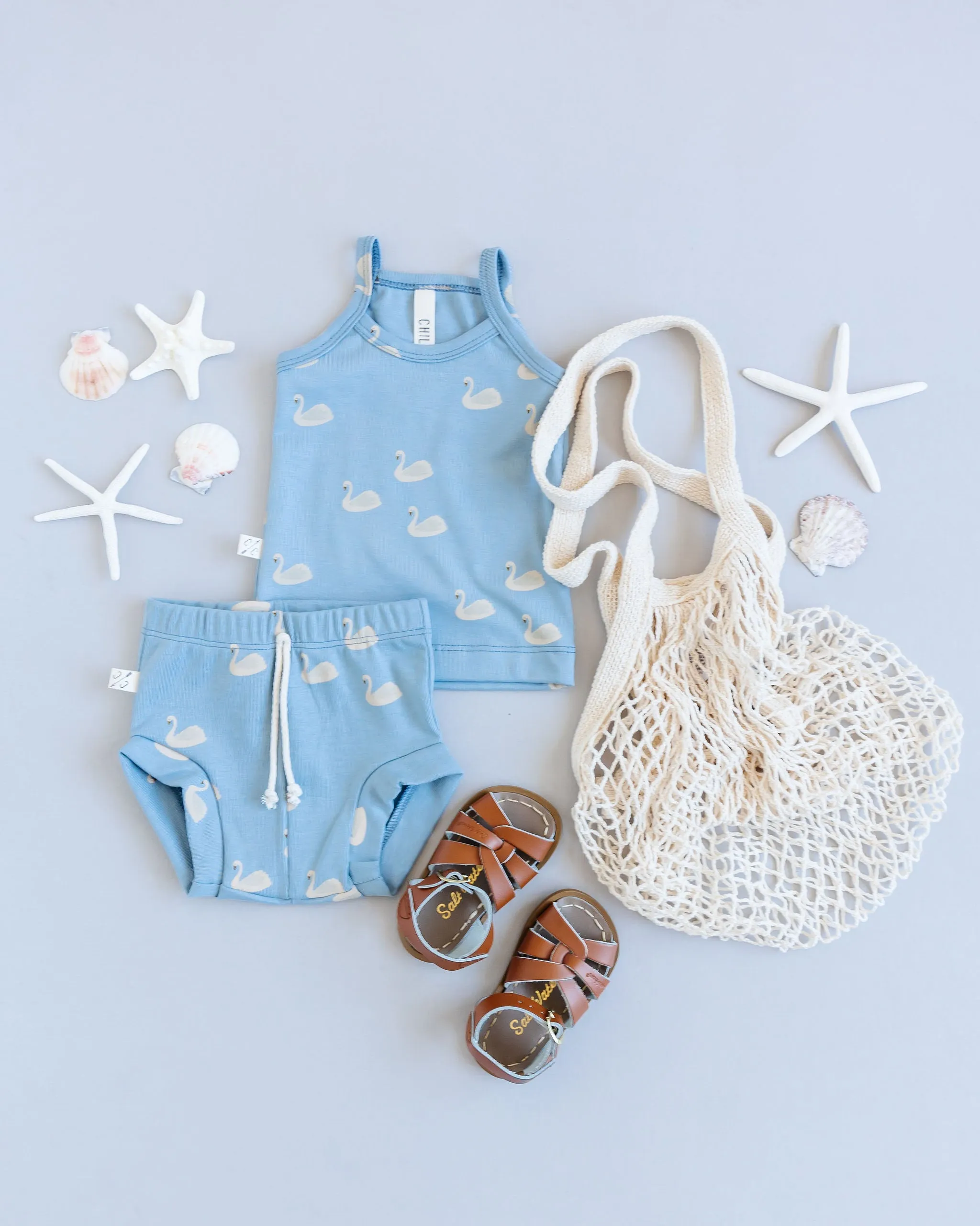 rib knit camisole CO - swans on dusty blue