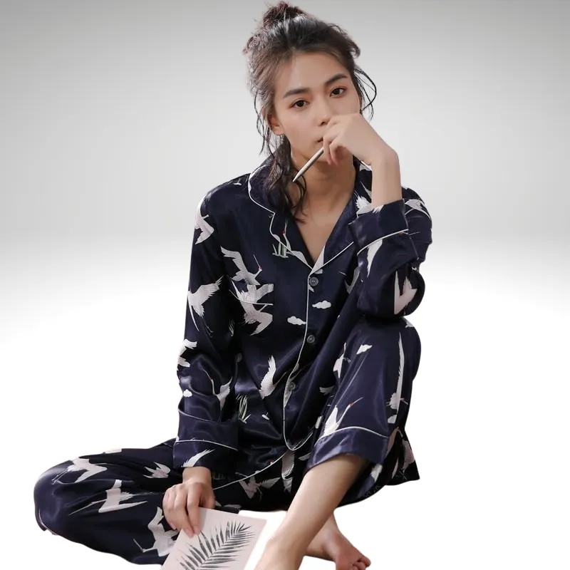 Silk Couple Long Sleeve Crane Nightwear Set