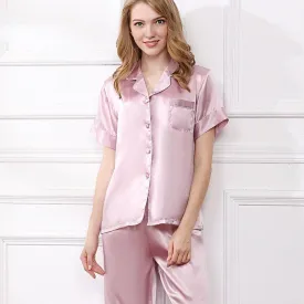 Silk Pajama Set for Women Short Sleeve Long Pant Women's Soft Silk Sleepwear