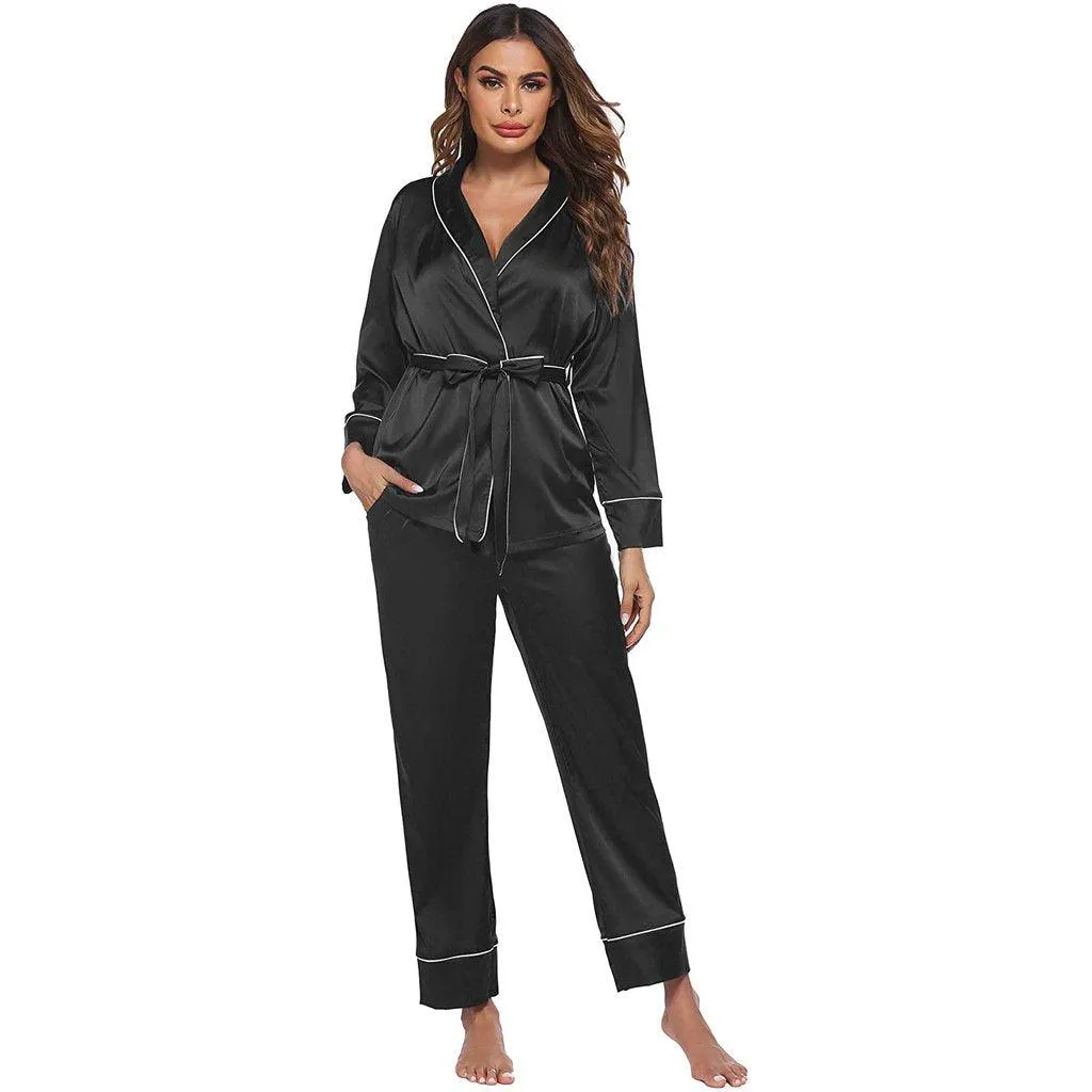 Silk Pajamas Long Sleeve Top with Belt 2 Piece for Women Silk Pajamas Nightwear