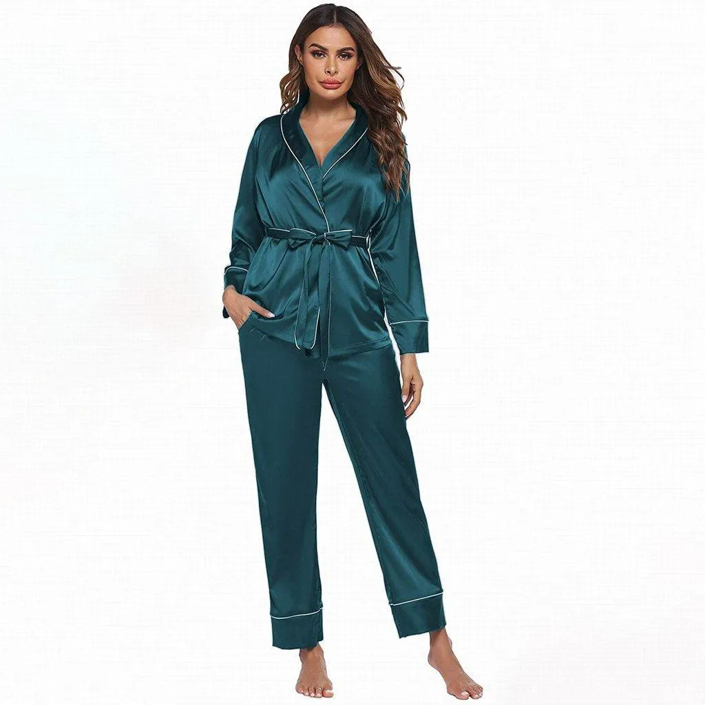 Silk Pajamas Long Sleeve Top with Belt 2 Piece for Women Silk Pajamas Nightwear