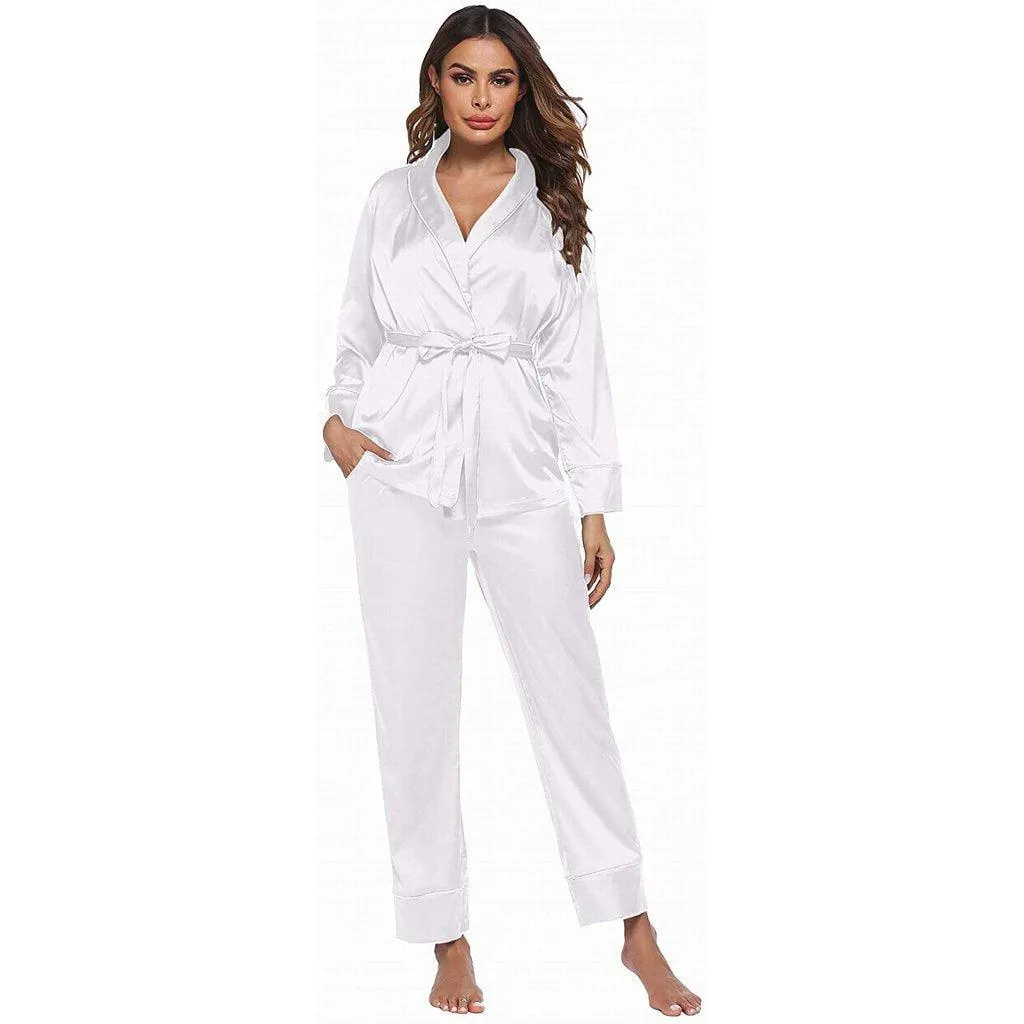 Silk Pajamas Long Sleeve Top with Belt 2 Piece for Women Silk Pajamas Nightwear