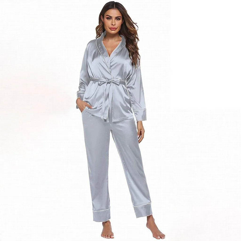 Silk Pajamas Long Sleeve Top with Belt 2 Piece for Women Silk Pajamas Nightwear