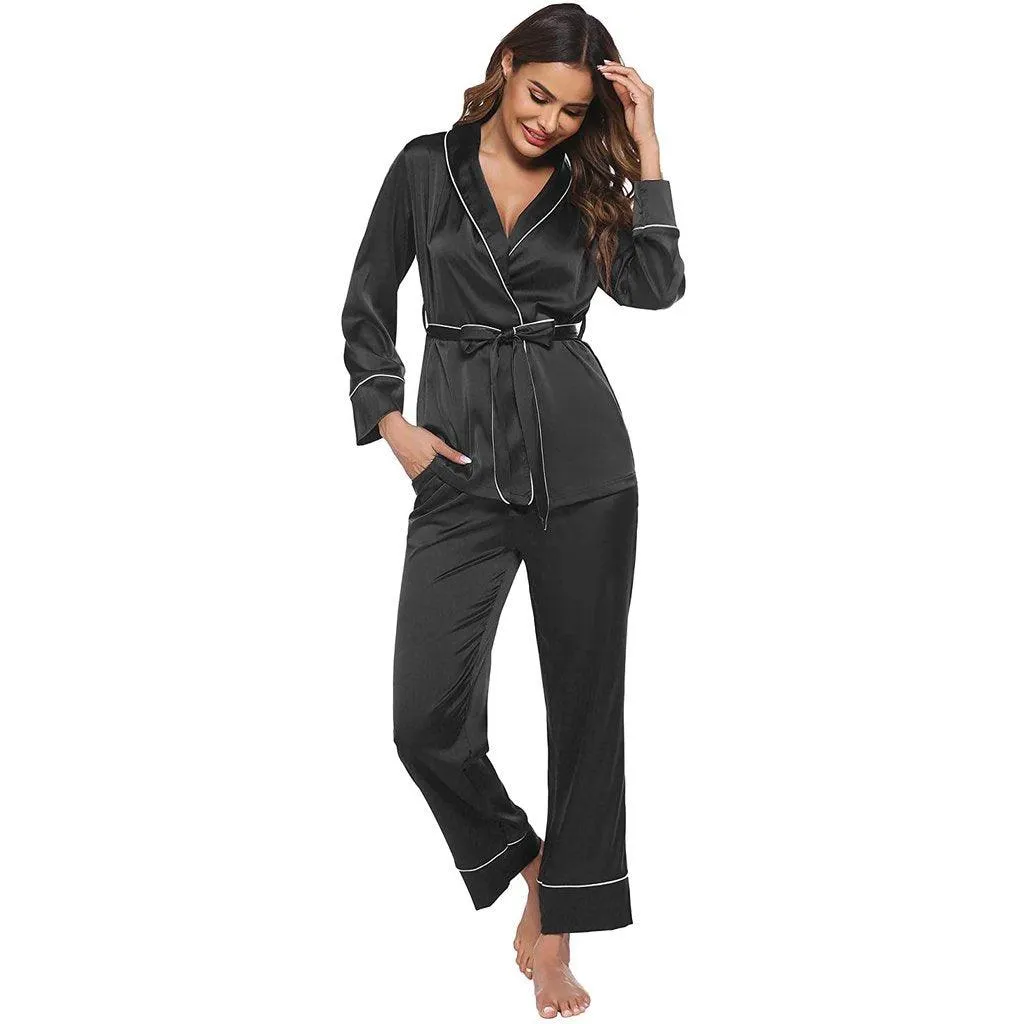 Silk Pajamas Long Sleeve Top with Belt 2 Piece for Women Silk Pajamas Nightwear