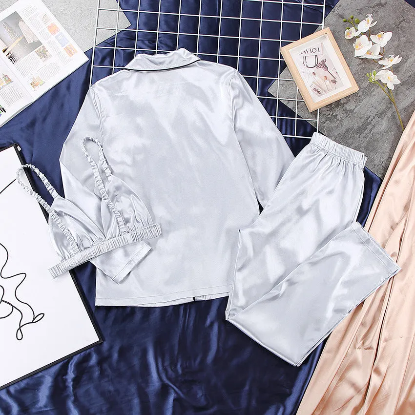 Silver Loose silk Satin 3PC Pajama Set