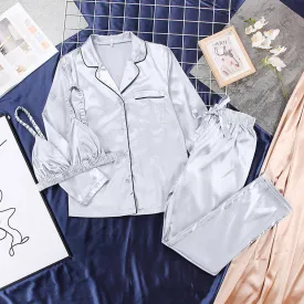 Silver Loose silk Satin 3PC Pajama Set