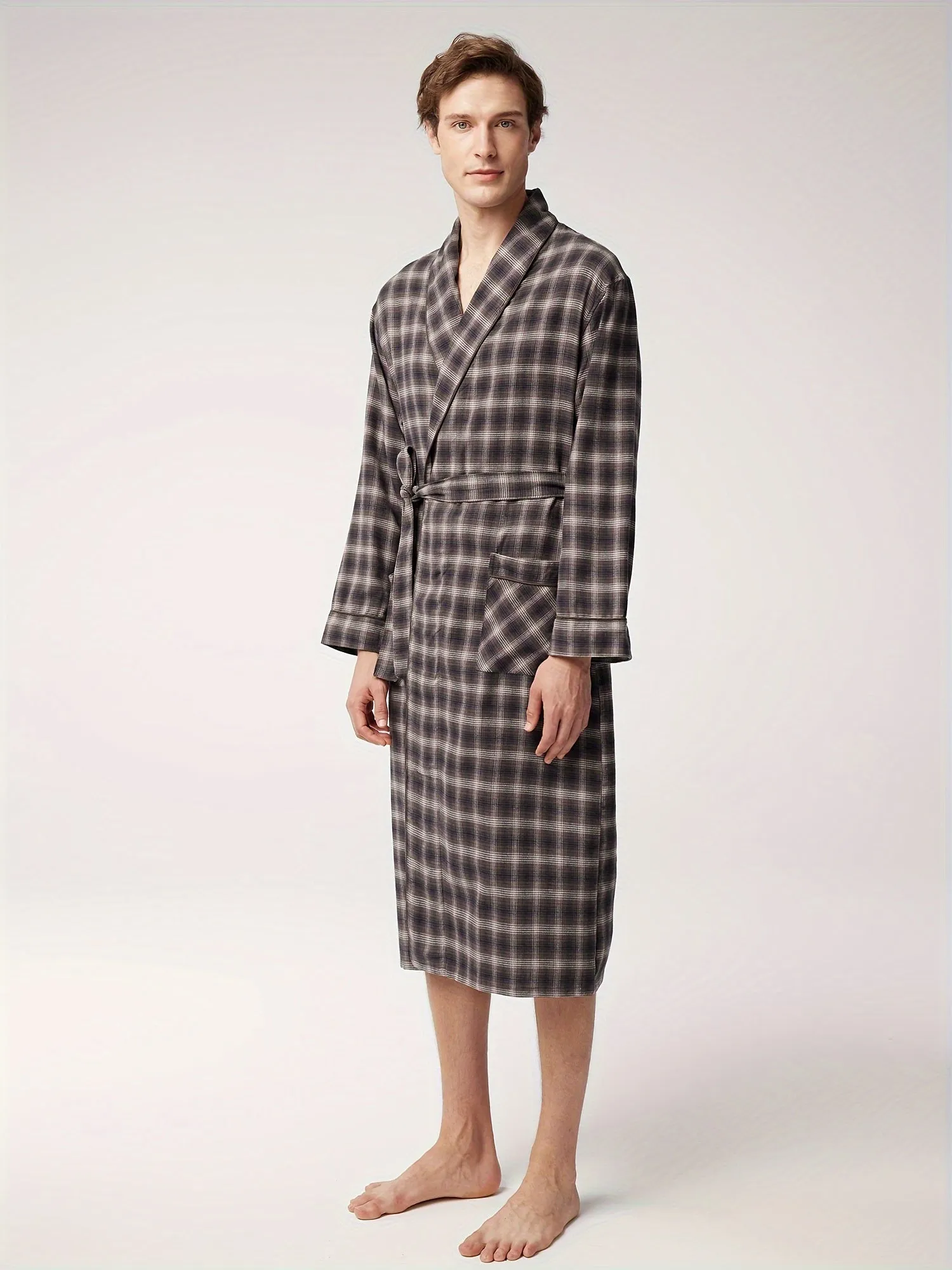 SIORO Mens Robe Flannel Cotton Plaid Bathrobe Soft Shawl Collar Loungewear