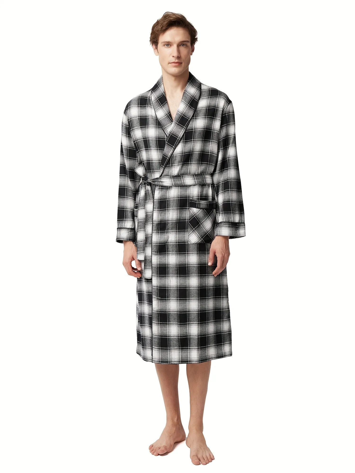 SIORO Mens Robe Flannel Cotton Plaid Bathrobe Soft Shawl Collar Loungewear