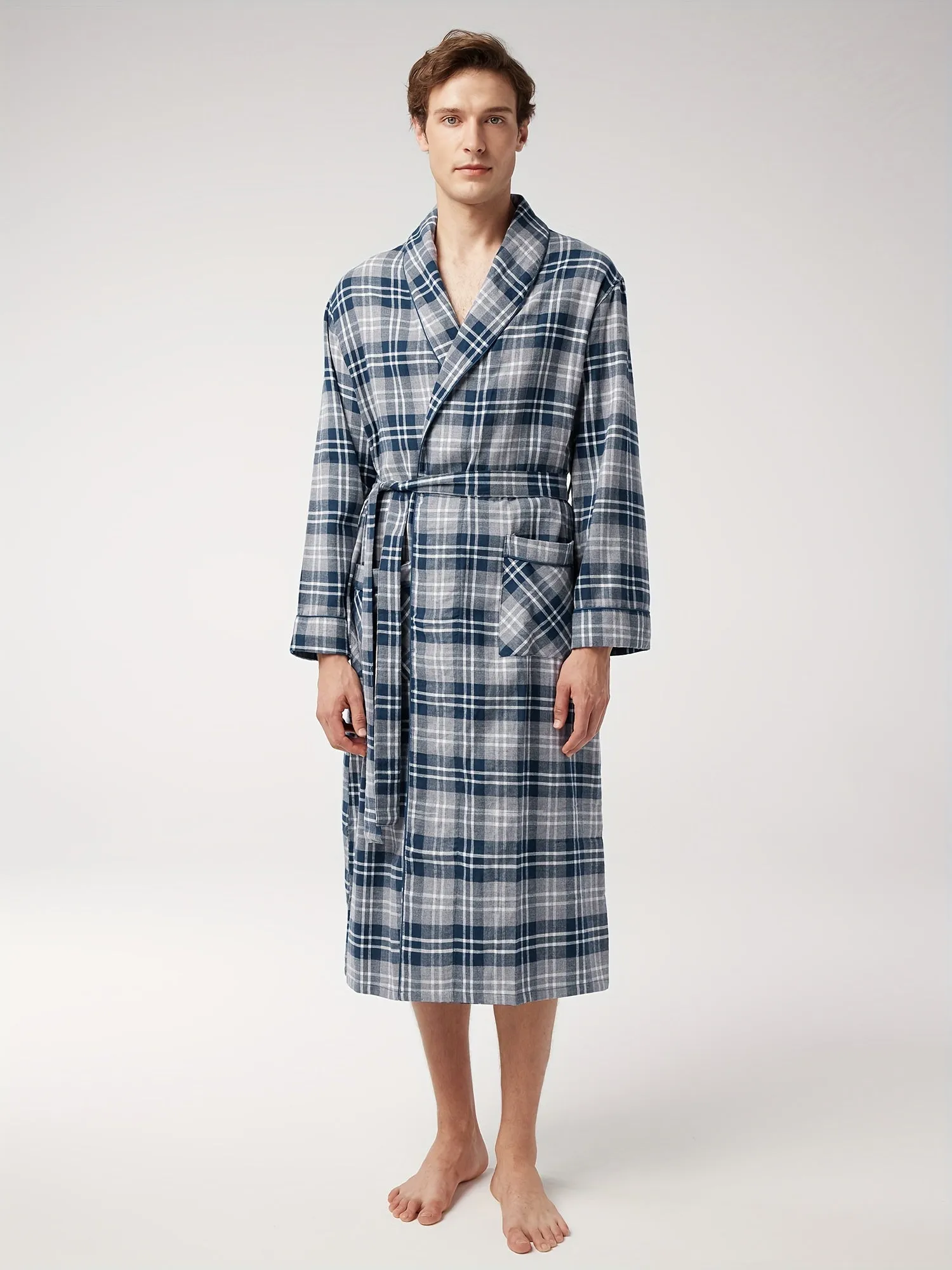 SIORO Mens Robe Flannel Cotton Plaid Bathrobe Soft Shawl Collar Loungewear