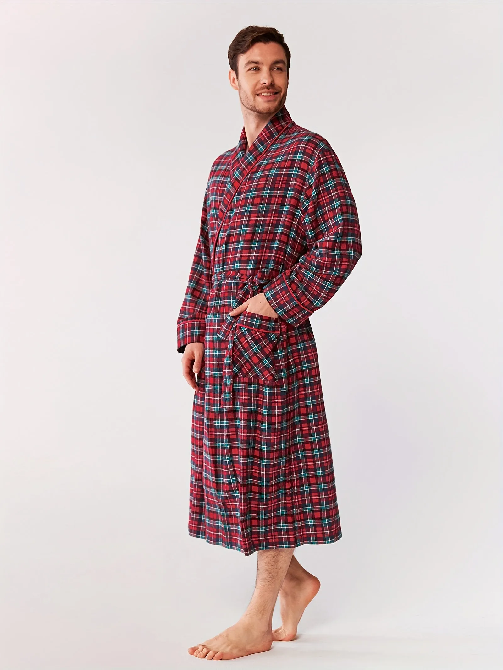 SIORO Mens Robe Flannel Cotton Plaid Bathrobe Soft Shawl Collar Loungewear