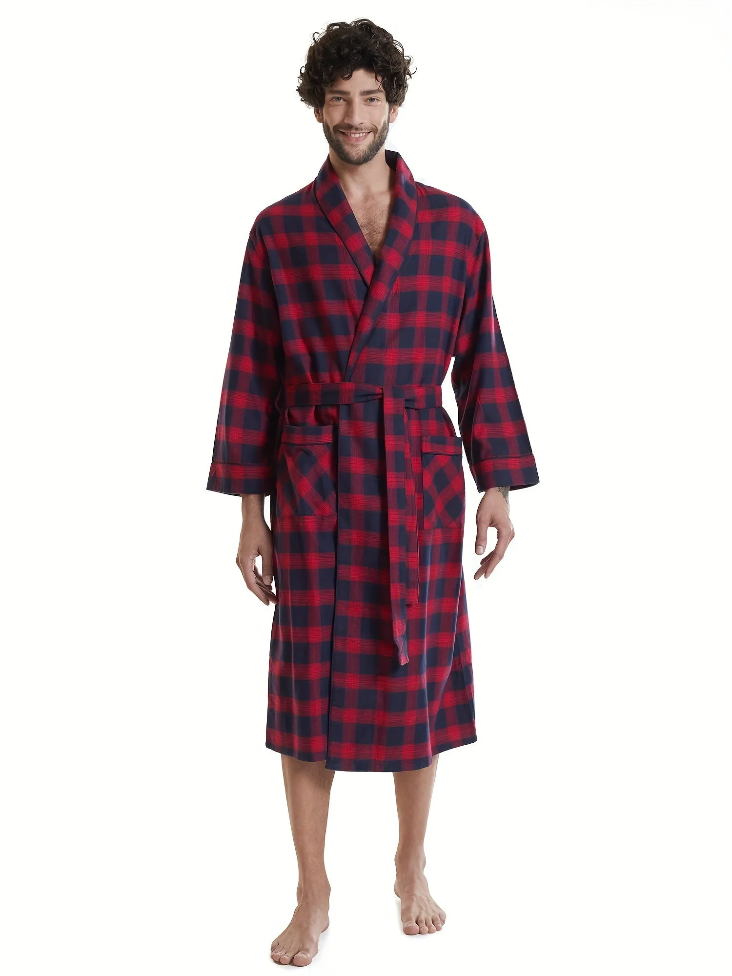 SIORO Mens Robe Flannel Cotton Plaid Bathrobe Soft Shawl Collar Loungewear
