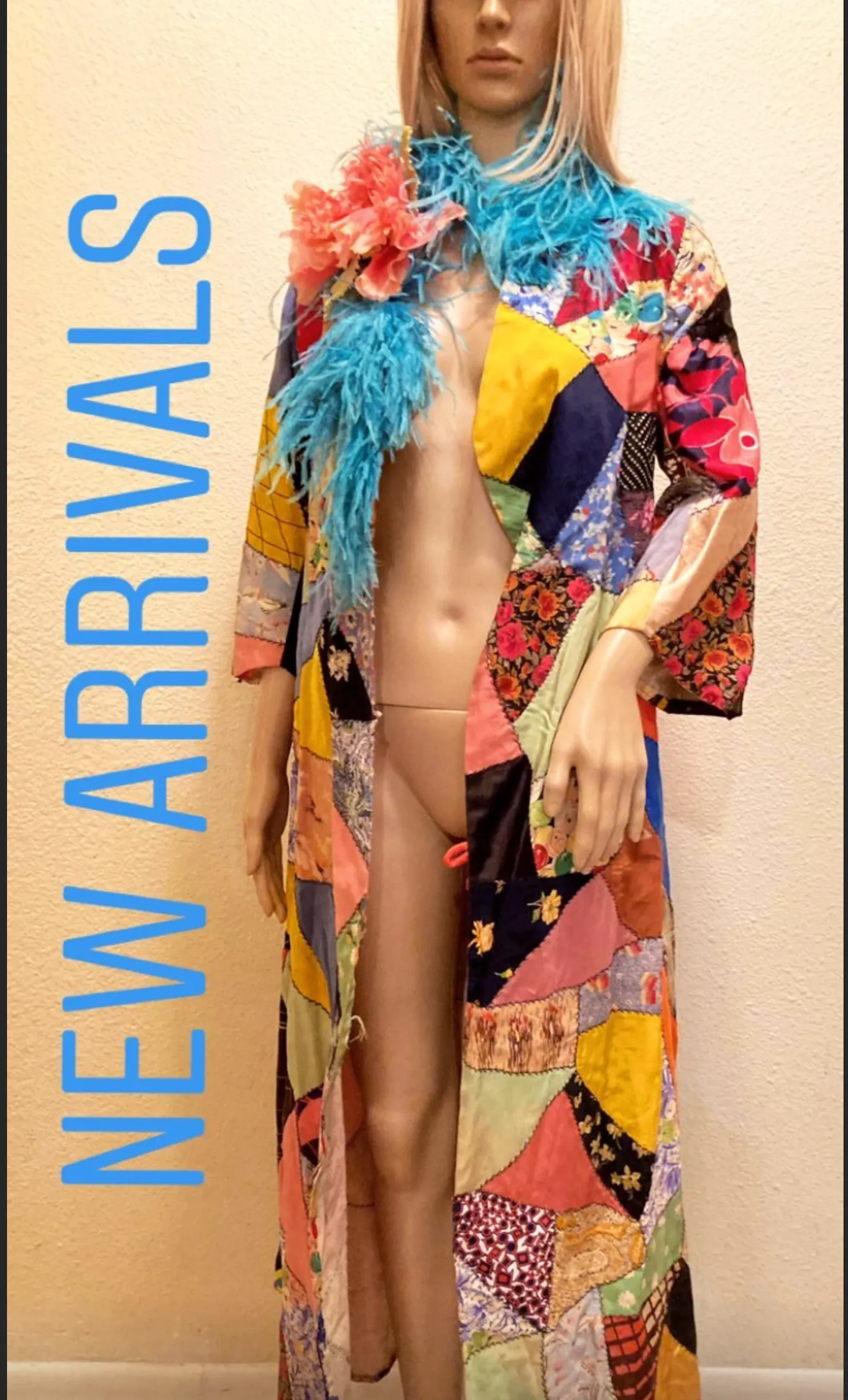 SOLD OUT Crazy Coat Authentic Art Deco Patchwork 20's Robe or Coat With Ostrich Feathers and Giant Poppy Floral Gingham belt included as-is repaired