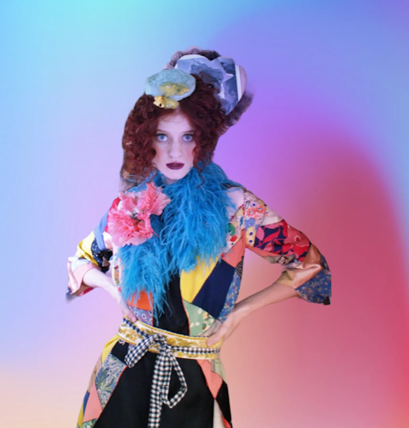 SOLD OUT Crazy Coat Authentic Art Deco Patchwork 20's Robe or Coat With Ostrich Feathers and Giant Poppy Floral Gingham belt included as-is repaired